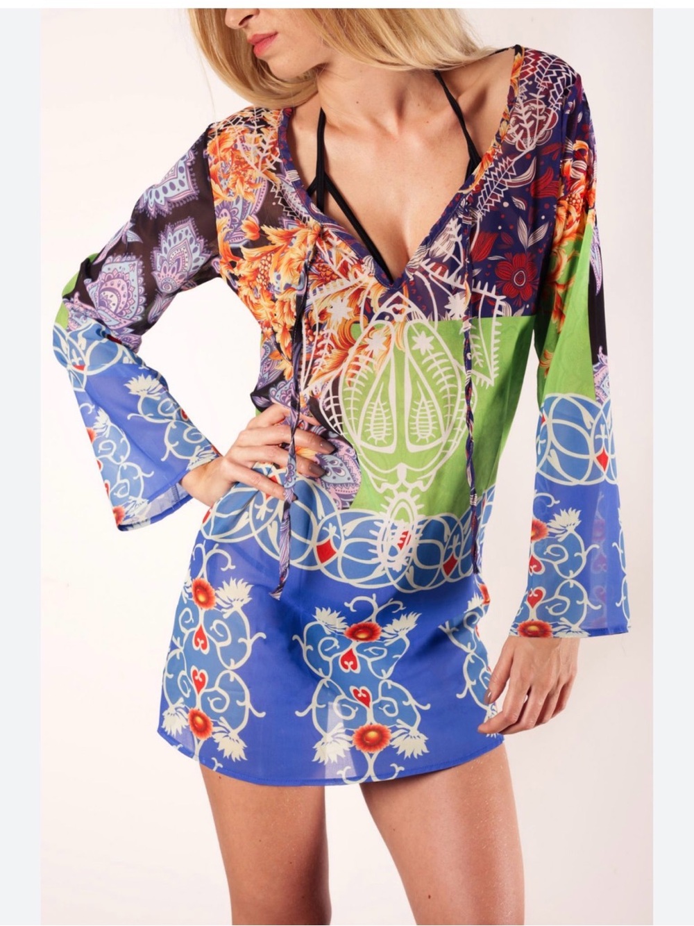 Multicolor Boho Floral V-Neck Mini Dress